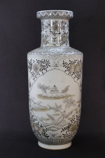An antique carved mallet vase filled in black glaze with landscape and flower design, Qing Dynasty (1 of 7)