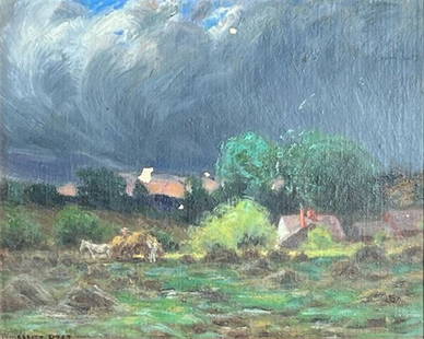 WILLIAM MERRITT POST (1856-1935): stormy skies over a farmscape oil on canvas Provenance: Part of over six-hundred Items consigned from an important Millwood, NY family Inventory Code: 1K-284