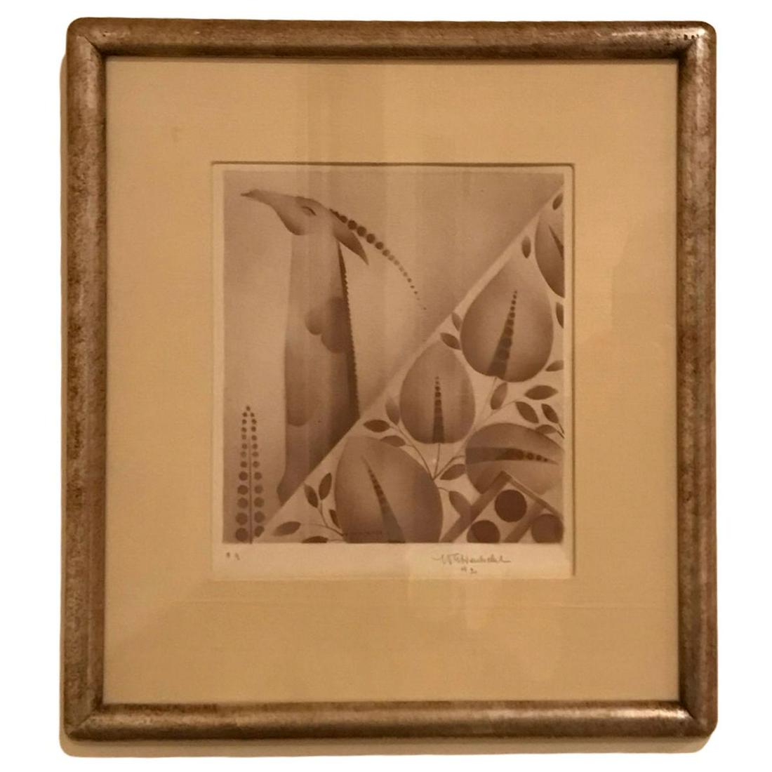 WILLIAM E. HENTSCHEL (1892-1962) POCHOIR: Gazelle midst tropical vegetation A Stenciled Aquatint on paper Signed in pencil "9" and "W. E. Hentschel 1930" Jordon Volpe Gallery description on their label. Exhibited Jordan Volpe Gallery 1983.