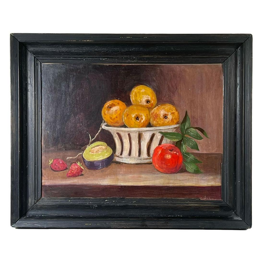 TABLETOP STILL LIFE OF FRUIT: Oil on board nicely framed in black frame Provenance: Part of over six-hundred Items consigned from an important Millwood, NY family Inventory Code: 1K-530