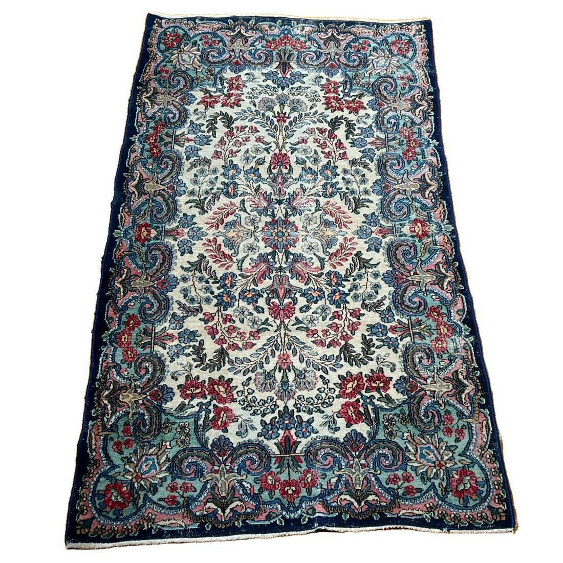 AUBUSSON STYLE ANTIQUE RUG: Intricate floral designs in navy blue and pinks & purples. Inventory Code: 1K-83 Provenance: Part of over six-hundred Items consigned from an important Millwood, NY family
