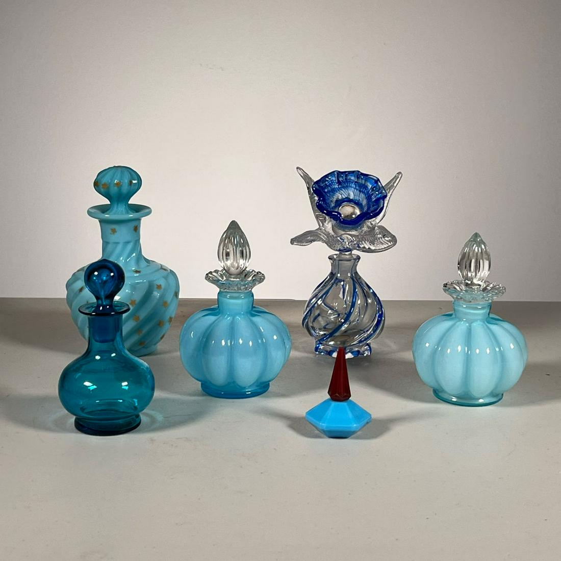 (7pc) BLUE GLASS PERFUME BOTTLES (1 of 9)