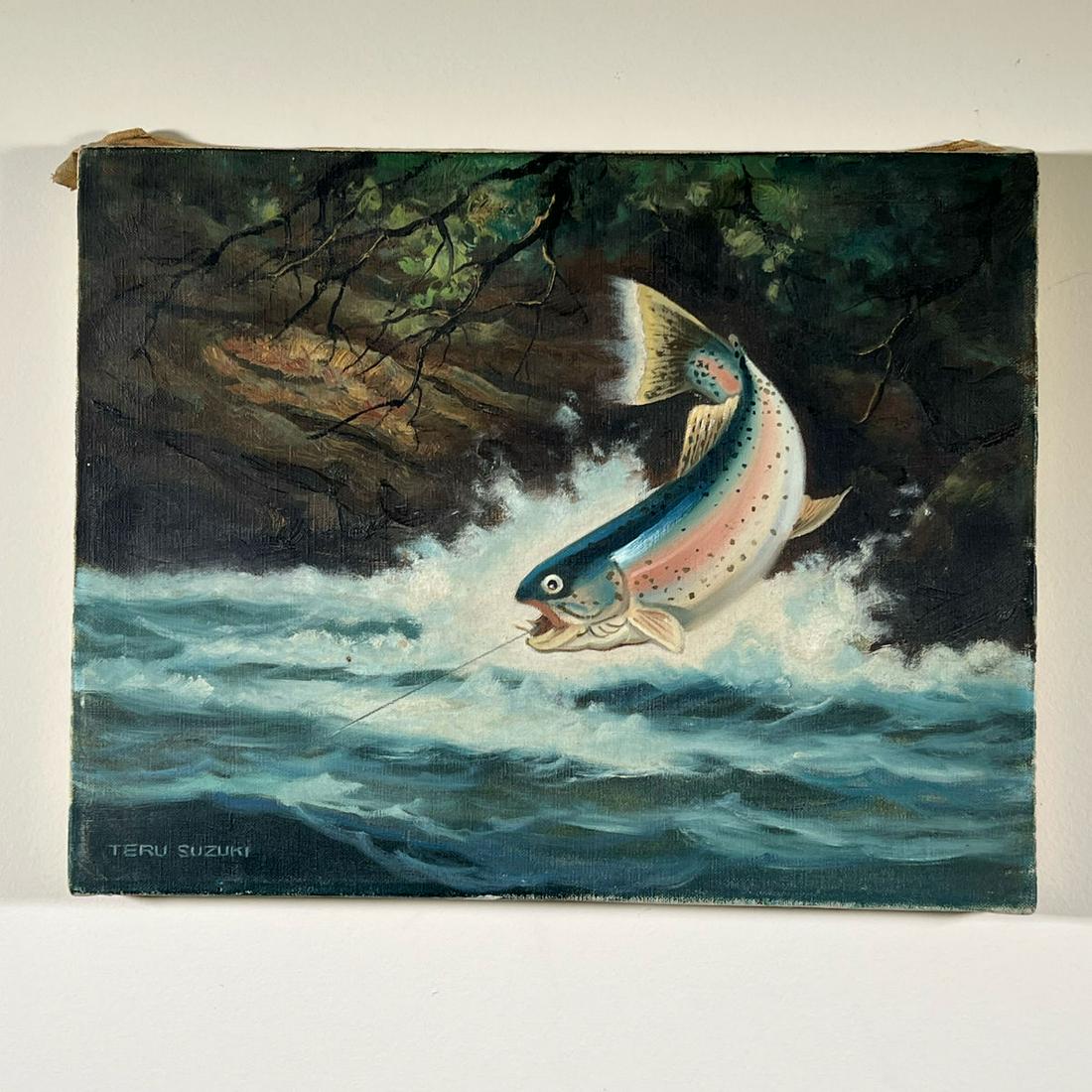 TERU SUZUKI OIL PAINTING: Oil painting on canvas depicting fish leaping out of the water hooked on a fishing line. Inventory Code: 1K-185 Provenance: Part of over six-hundred Items consigned from an important Millwood, NY fami