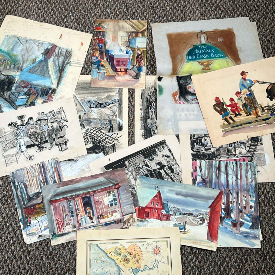 DOROTHEA DANA "SUGAR BUSH" WATERCOLORS: The original watercolors used for Dorothea Dana's book "Sugar Bush". Also prints, photos and an unused Dust Jacket from her 1947 book "Sugar Bush", about the sugaring life in Vermont in the 1940