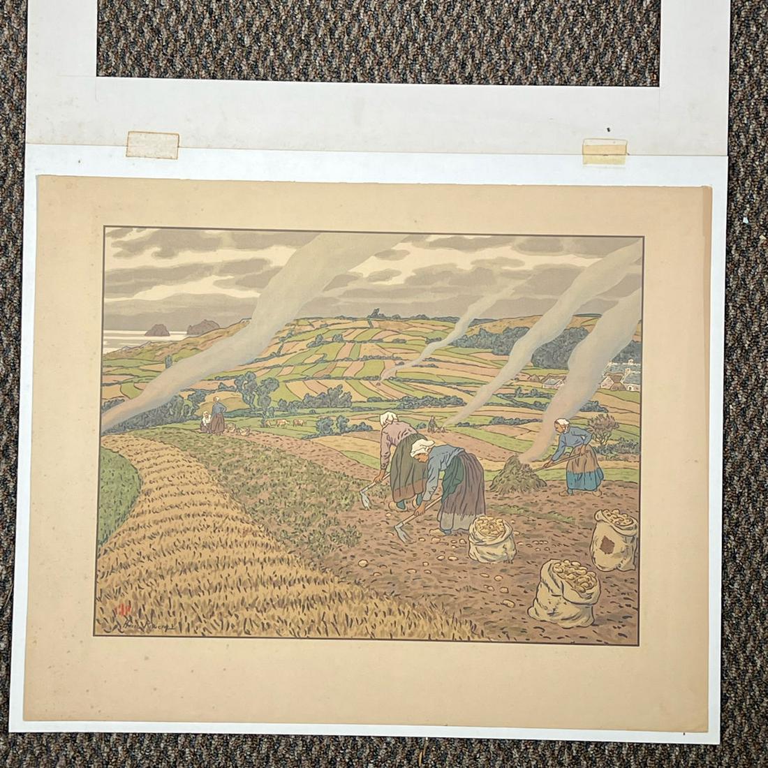 HENRI RIVIERE (1864-1951): Antique farming print depicting women harvesting potatoes, signed in the plate and with red monogram lower left - 20.5 x 15.75 in. (sight) Inventory Code: 1K-216 Provenance: Part of over six-hundred I