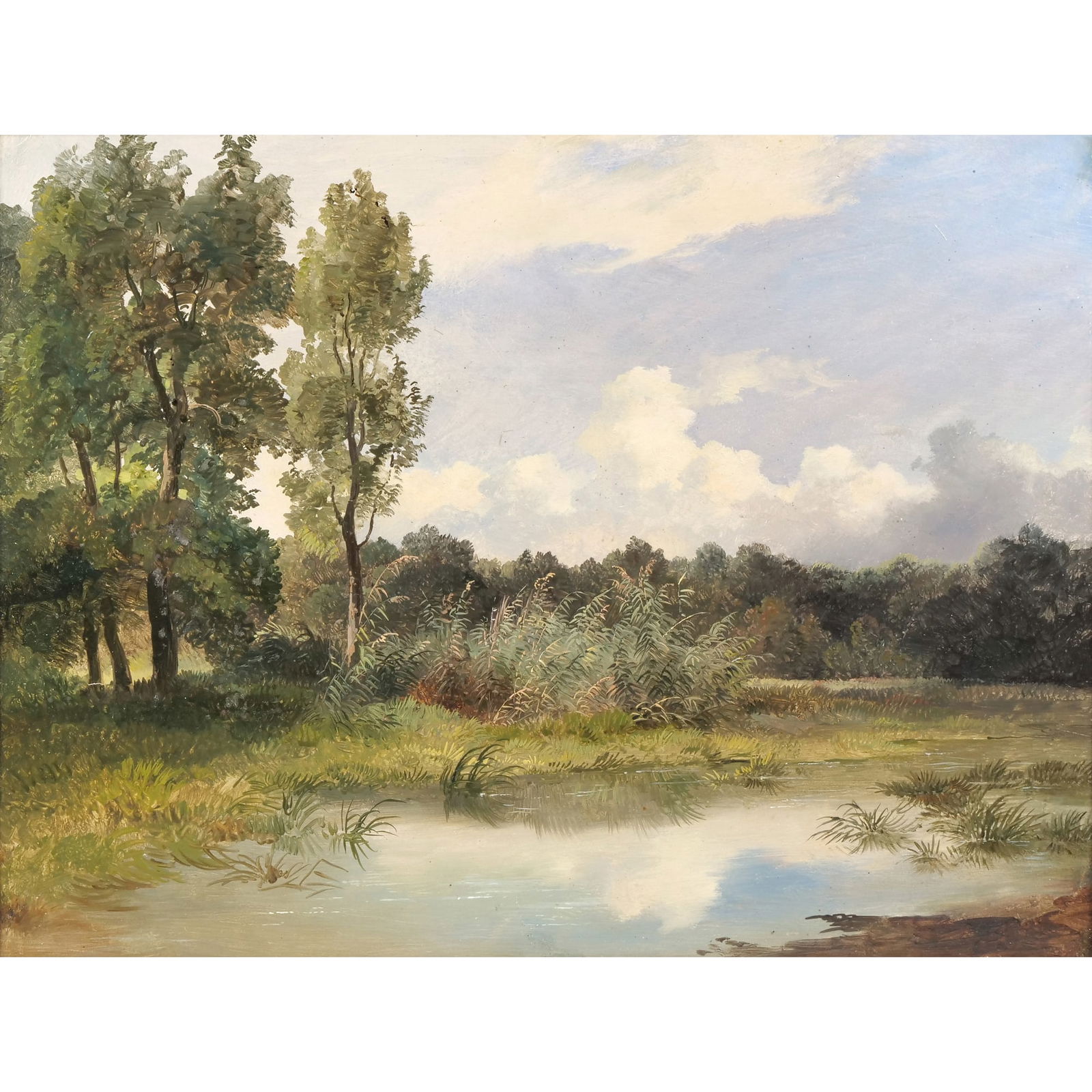 FRIEDRICH GAUERMANN (1807-1862): Pond scene oil on paper 12 x 16.25 in., sight depicting trees and a cloudy sky before a pond signed on sheet verso according to notes from purchase w. 23.25 x h. 19.25 in. (frame) Provenance: GALERIE