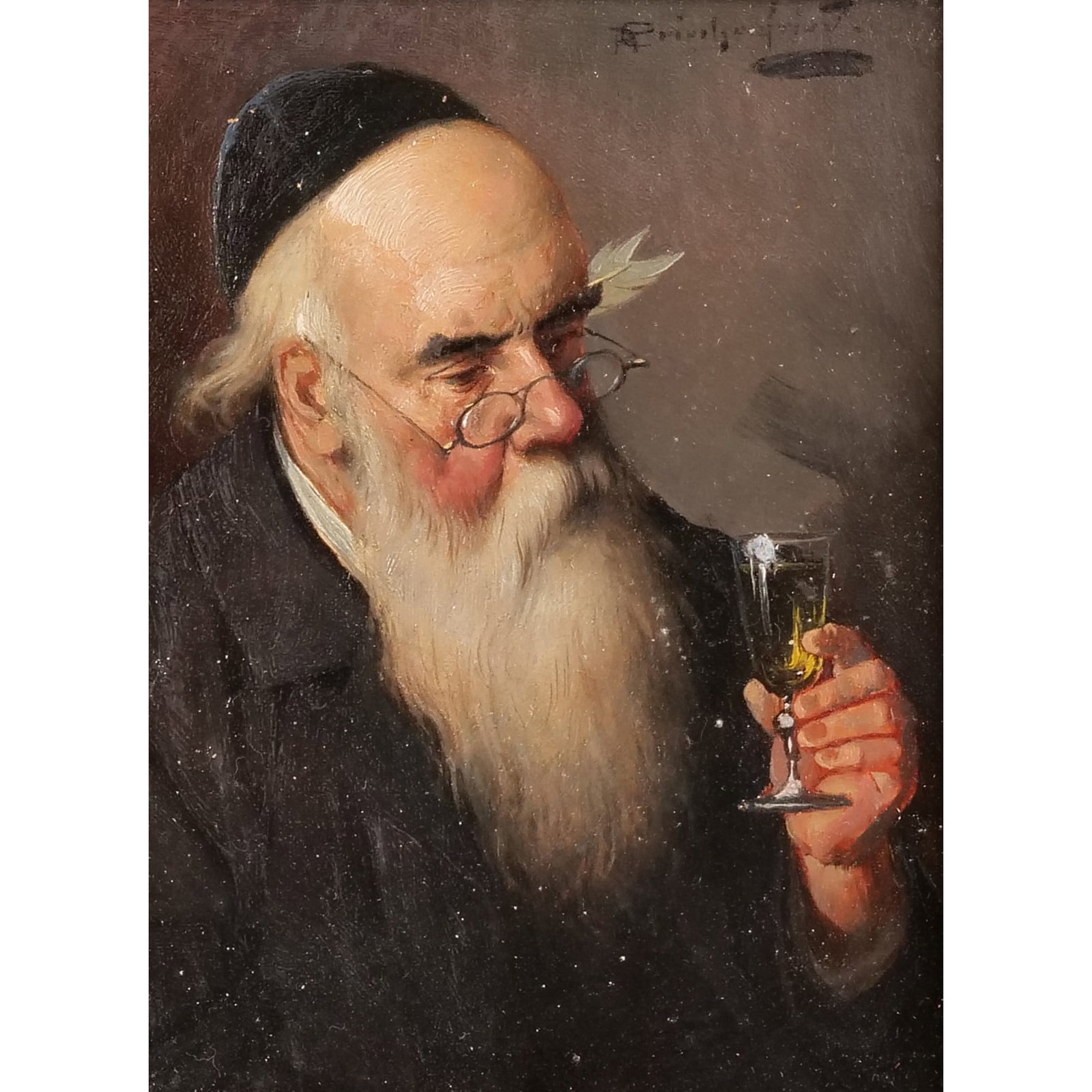 ALOIS HEINRICH PRIECHENFRIED (1867-1953): Rabbi with a glass of wine Oil Signed upper right In a gilt cove frame with artist's plaque 4.25 x 3.25 in. (sight) w. 10.25 x h. 12.25 in. (frame) Provenance: Rudolf Krebs stamp on verso; From the es