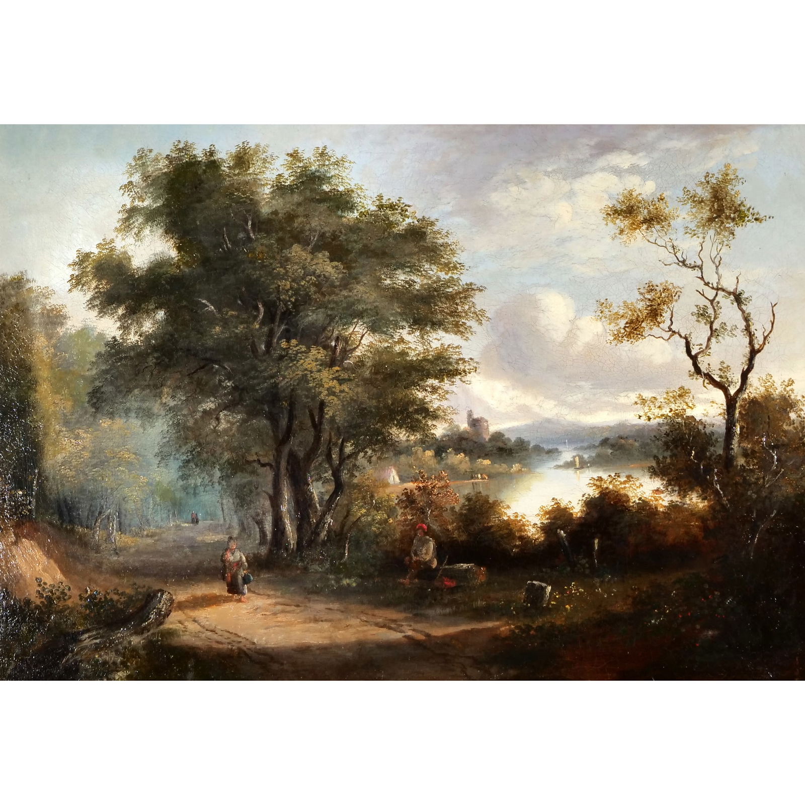 BRITISH SCHOOL (19TH CENTURY): A walk in the park Oil on canvas 18 in. x 26 in. Riverside scene with boats and figures on a pathway, no apparent signature l. 33.5 x w. 2.5 x h. 26 in. (frame) Provenance: Property of an important Gr
