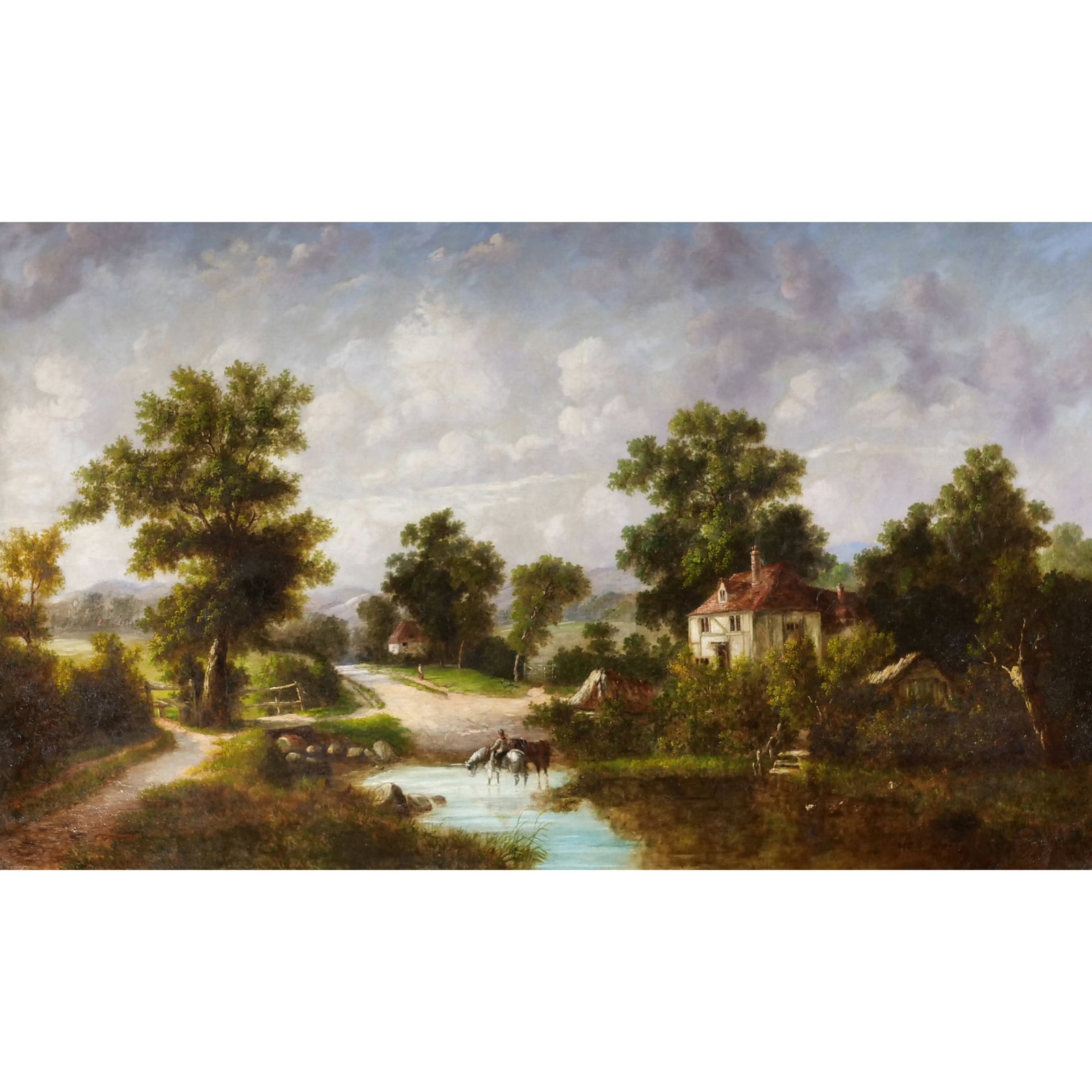 H. C. BUTLER (ENGLISH, 19TH CENTURY): pastoral scene oil on canvas 30 x 50 in. (stretcher) Showing landscape with boy watering horses near a farmhouse Signed lower right 39 x 59-1/2 in. (frame) Provenance: Property of an important Greenwi