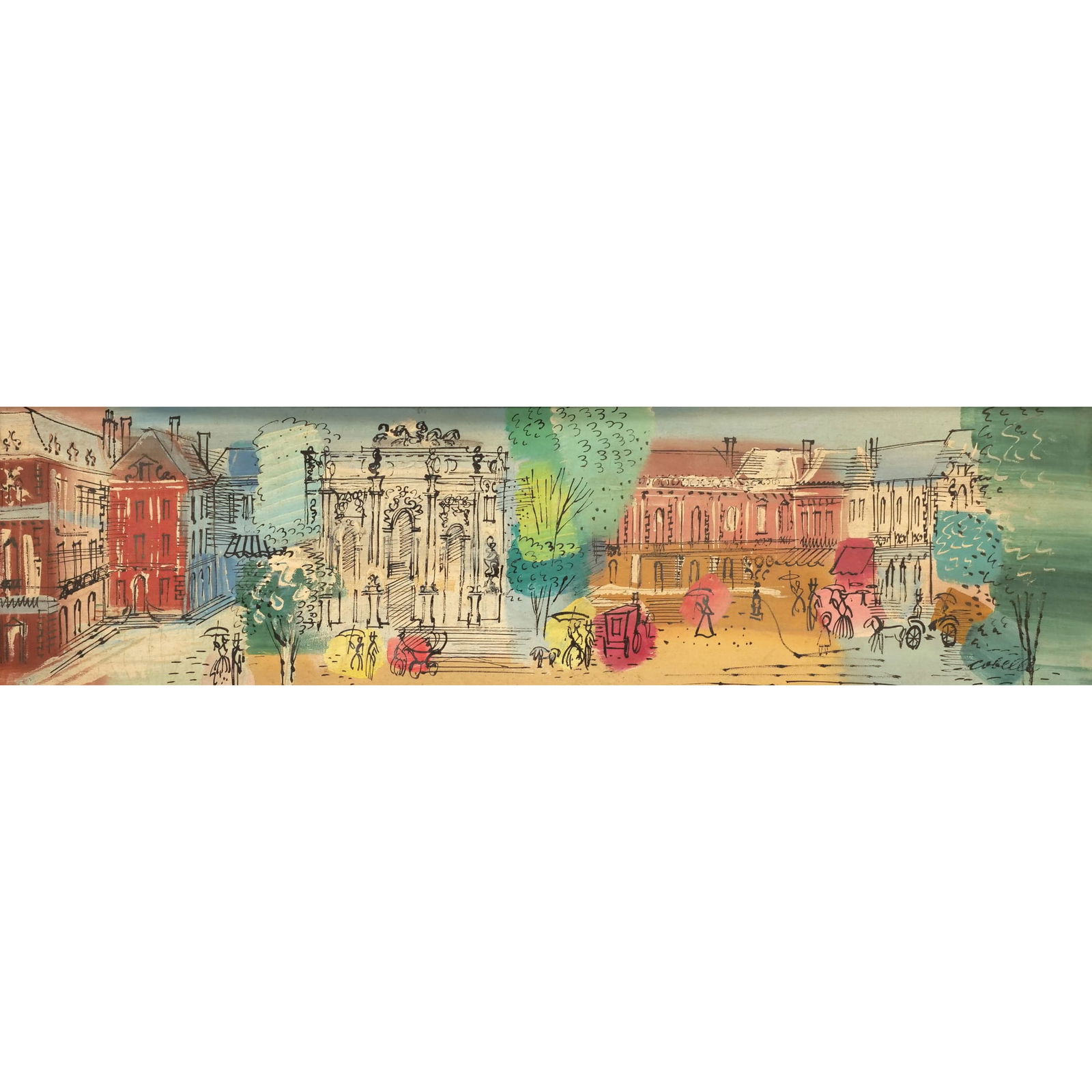 CHARLES COBELLE (1902-1998): Parisian park cityscape oil on masonite h. 10 x 36 in. (board) showing figures and trees in a park plaza setting,signed lower right h. 15.5 x w. 42 in. (frame) Provenance: Items from the Croton-On-Hud