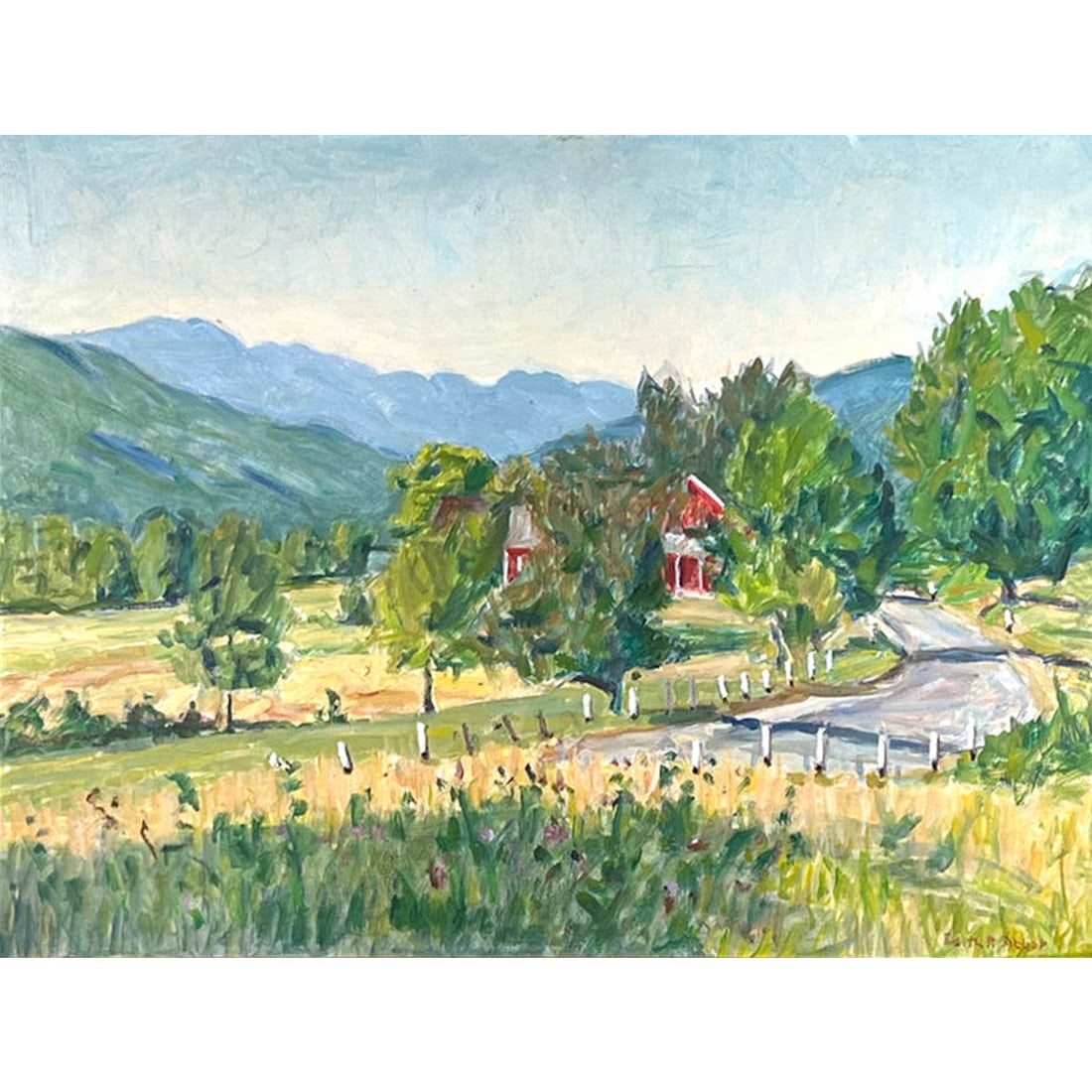 EDITH R. ABBOTT (1876-1964) NAWA: valley farmscape oil on artists board 18 x 24 in. (Sight) Born in Hartford, CT and living most of her career in New York City, 1927-1959, Edith R. Abbot studied at the Norwich Art School with Alice V.