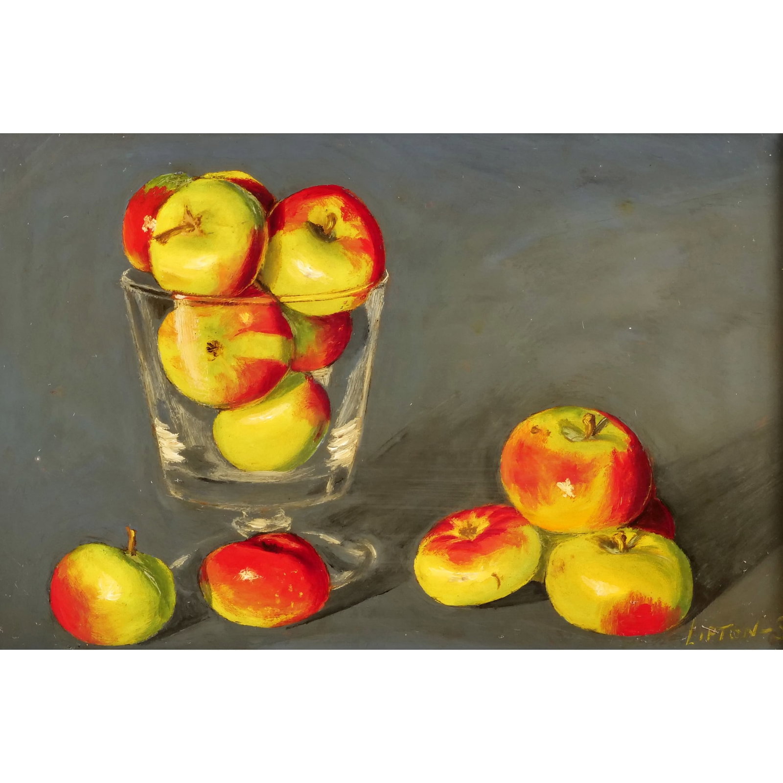 SONDRA LIPTON (20TH CENTURY): still life of apples in a glass oil on board with lacquer signed lower right 3.5 x 5.25 in, sight - w. 9.5 x h. 8 in. (frame) Provenance: Items from a Mamaroneck, NY collector