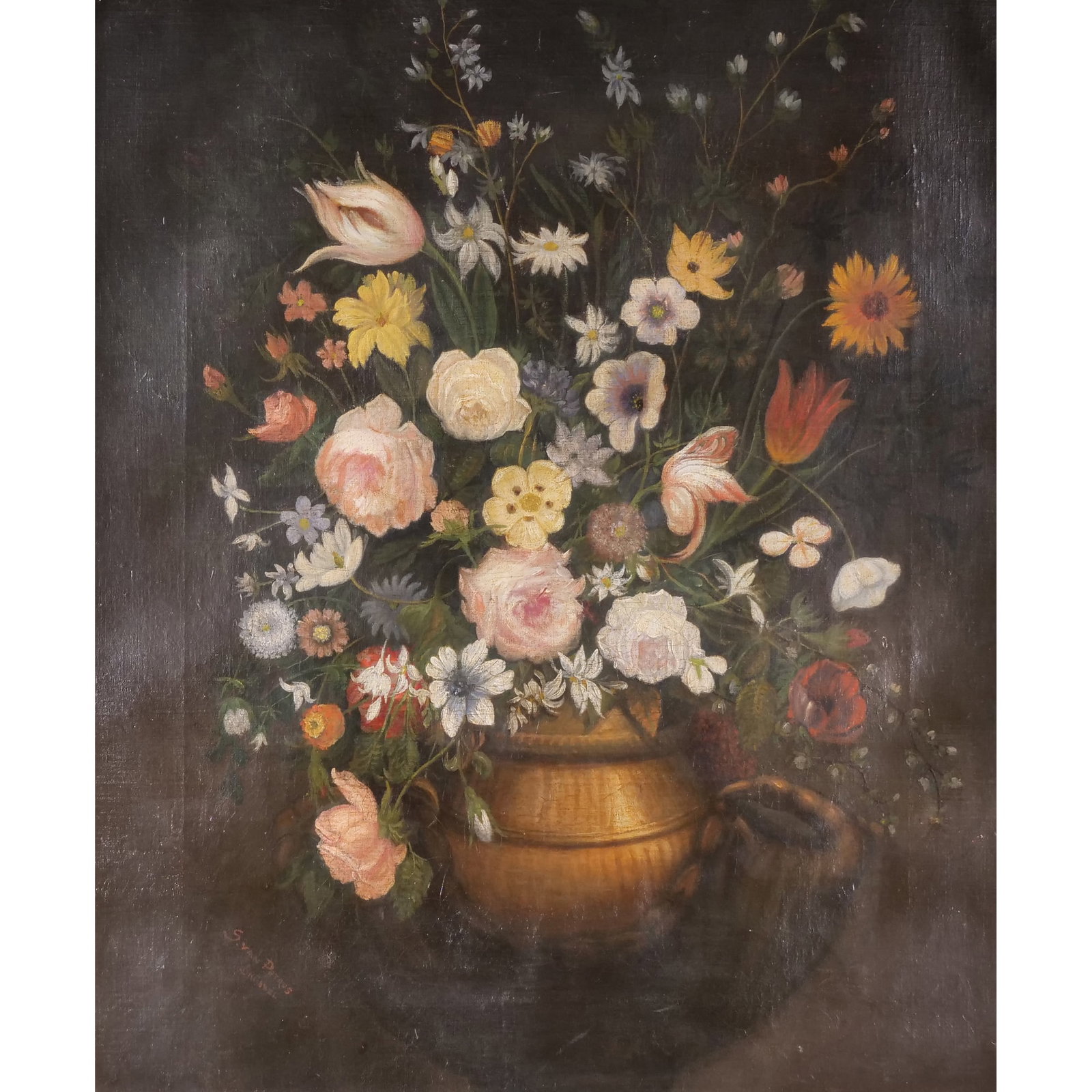 BELGIAN SCHOOL PAINTING: Still life with flowers Oil on canvas 24 x 29.5 in. (approx) Showing flowers in an urn Signed "S. Van Petrus / Brussel" lower left - w. 32.25 x h. 37.25 in. (frame) Provenance: Items from the private