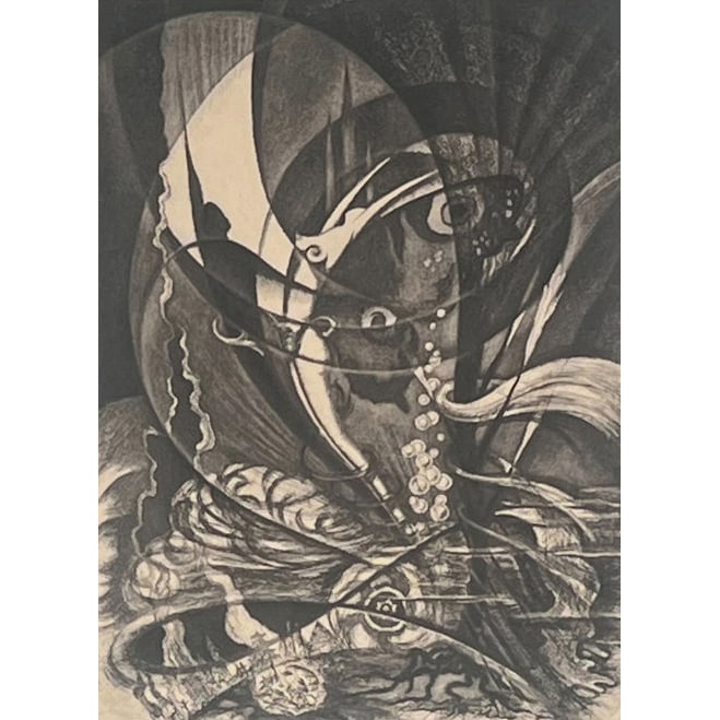 RALPH FABRI (1894-1975): Brave New World! Etching plate 11.75 x 8.75 in. Ed. 10/50 lower left, pencil signed lower right, dedication "For Linton and Jay Roland" lower center - w. 14.75 x h. 18.25 in. (frame) Provenance: From