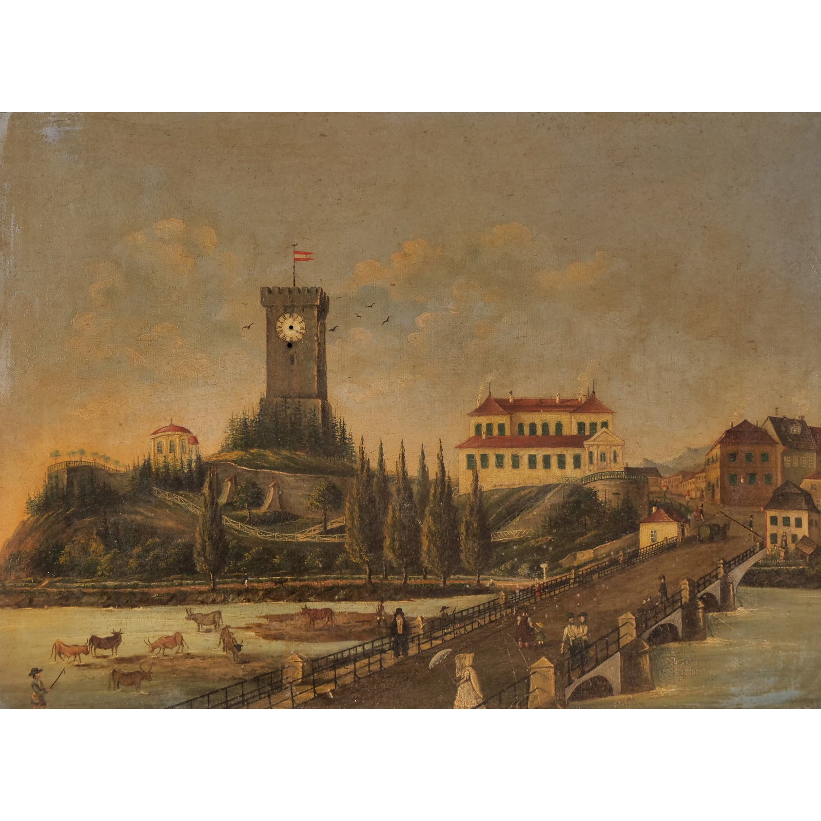 EUROPEAN PRIMITIVE TOWNSCAPE: 19th century townscape with bridge Oil on tin panel No apparent signature 21.5 x 16.25 in. - w. 28.25 x h. 22.5 in. (frame) Provenance: Items from a Westchester, NY estate Inventor