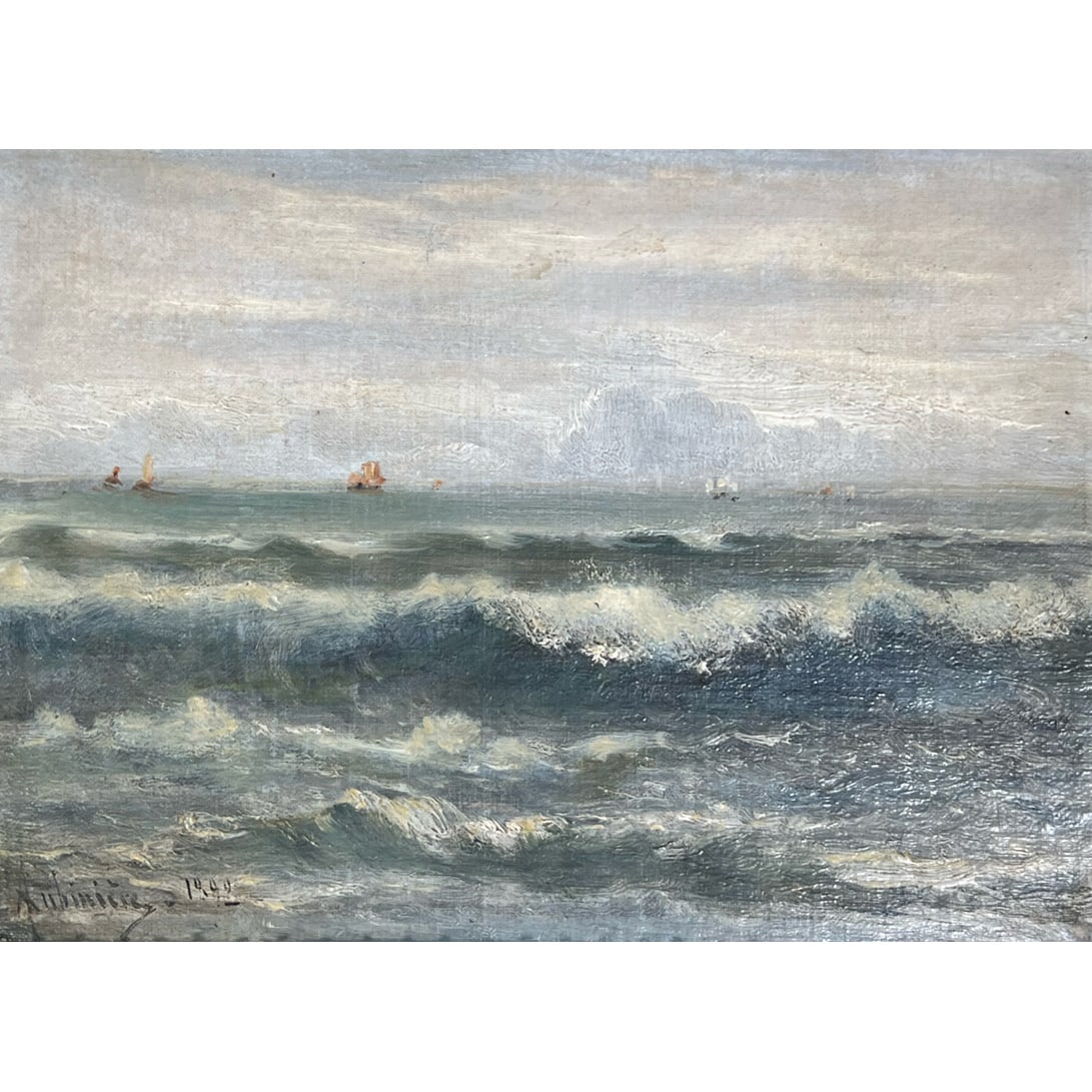 GEORGIANA L'AUBINIERE (1848-1930): Seascape Oil on canvas Signed lower left and dated 1889 11 x 15 in. In a gilt frame with artist's plaque - w. 20 x h. 16 in. (frame) Provenance: Items from the Croton-On-Hudson