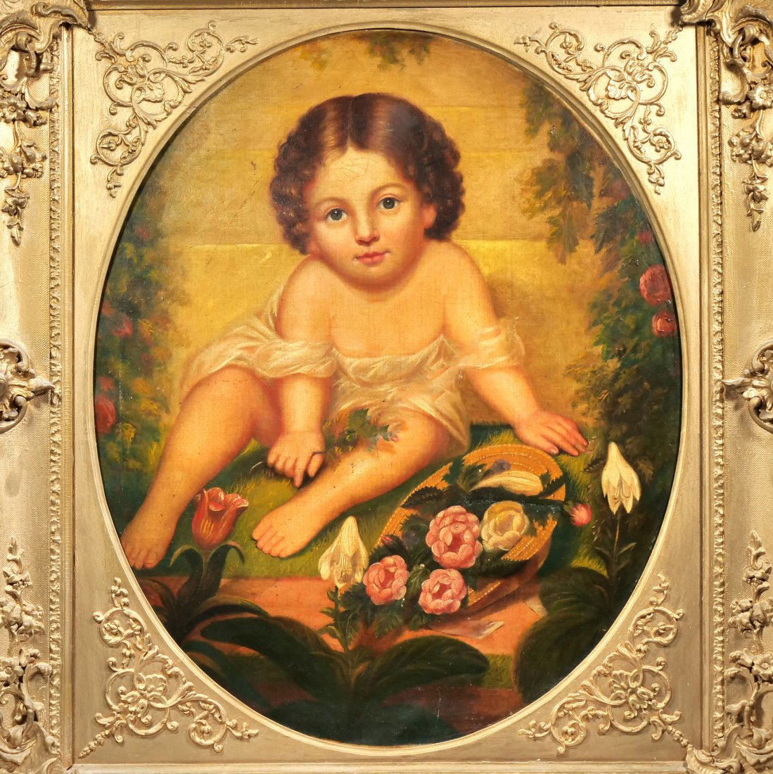 19TH CENTURY PAINTING OF A BABY IN TONDO: Showing a young girl in robes beside a hat with flowers Oil on canvas 30 x 25 in. (stretcher) 34 x 42 in. (frame) Inventory Code: 7M-4