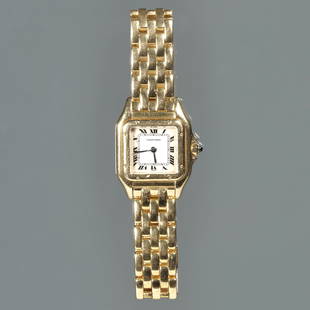 A LADIES PANTHERE DE CARTIER 18K GOLD WRISTWATCH: White dial with Roman numerals, stylized rectangular border, sapphire crown, on a matching 18k gold five-row maillon panthere link bracelet, quartz movement, case s/n 8669117595, case and bracelet sig