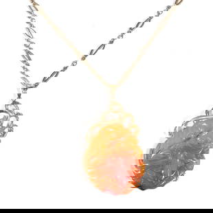 CHINESE AGATE CARVED FROG PENDANT NECKLACE ON GOLD CHAIN: Designed as a finely carved frog upon a leaf beside a flower, the reverse carved in complement, mounted in an openwork 14k gold surround (h. 2 x w. 1.625 in., 32.7g, pendant )and suspended from a 14k