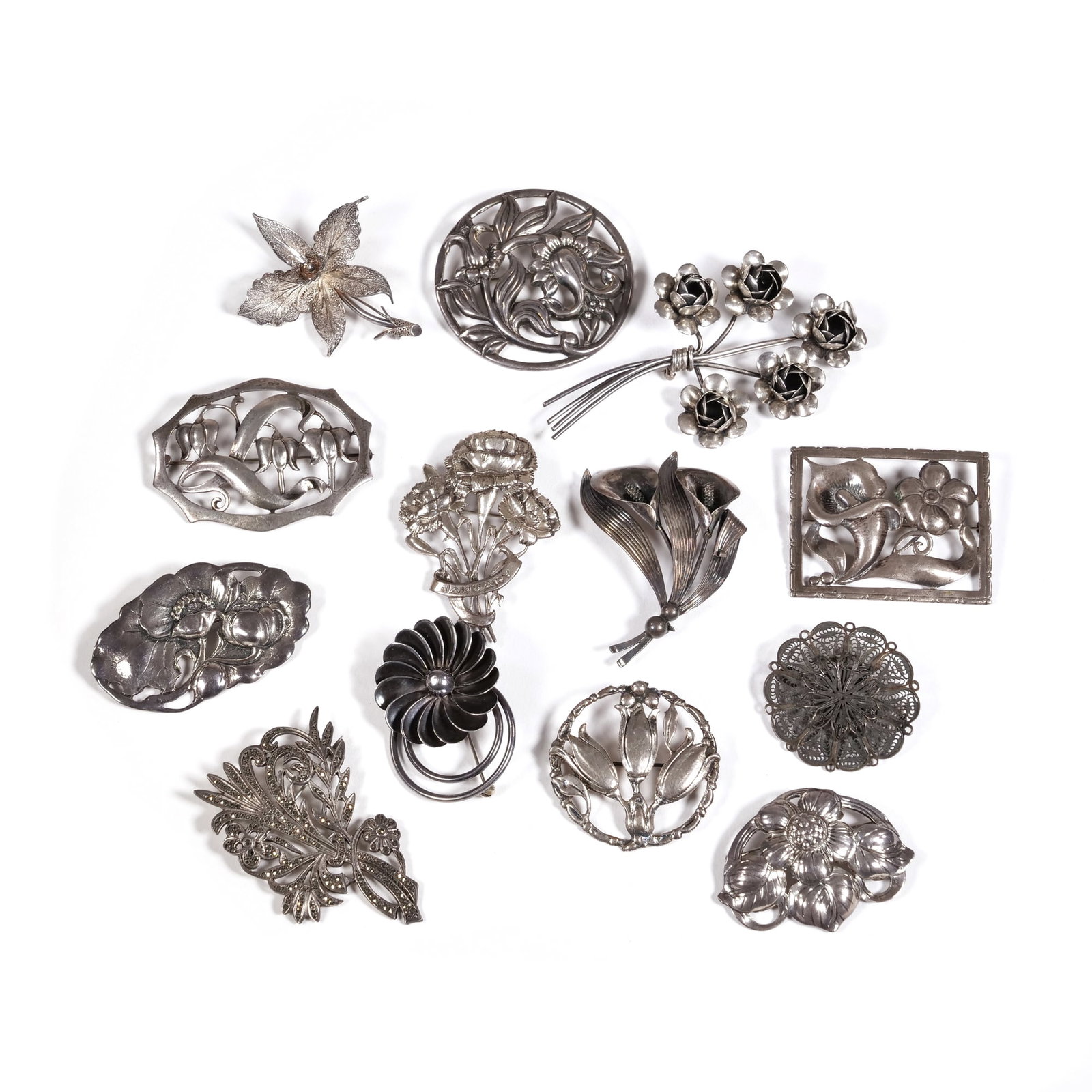 (13pc) STERLING FLOWER PINS (1 of 10)
