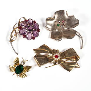 (4pc) STERLING BROOCHES: Vermeil / gold tone sterling silver fashion pins, including two flower pins, a Coro bow-form pin, and a bee-form pin, all with color gemstones or faceted glass; all together 2.55 ozt, l. 3.5 x h. 1.75