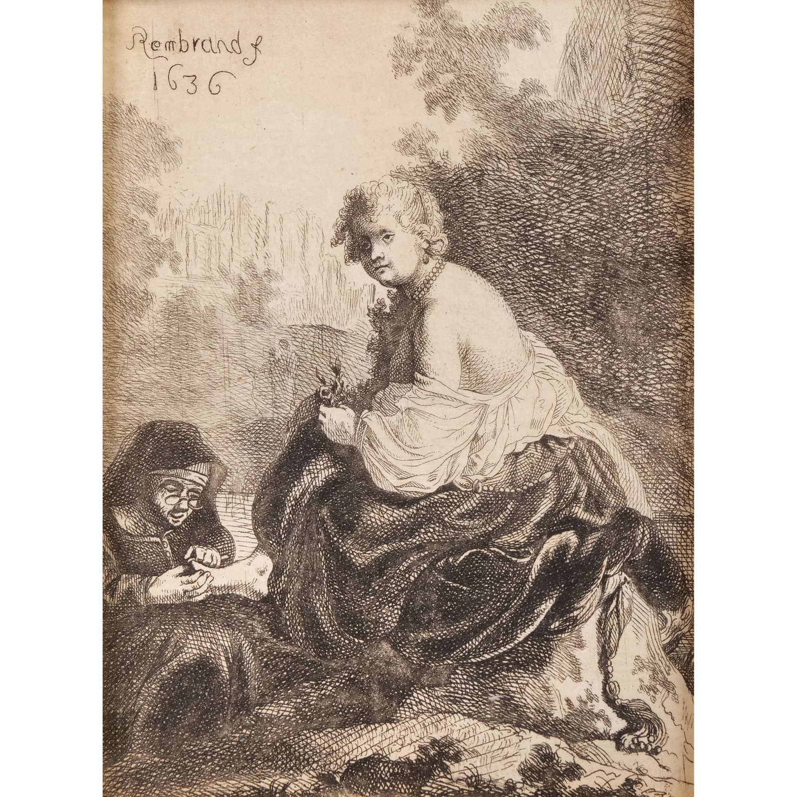 AFTER REMBRANDT VAN RIJN (1606-1669): Woman Cutting Her Mistress's Nails (La Coupeuse d'Ongles -or- Die Nagelschneiderin) etching on laid paper 4.75 x 3.5 in., sight notes from a prior appraisal: "Strong retouching on woman's