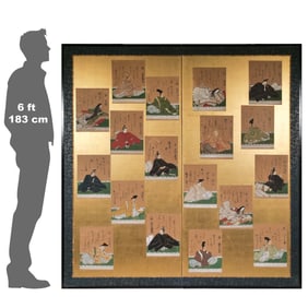 JAPANESE "TALE OF GENJI" GOUACHE CALLIGRAPHY SCREEN