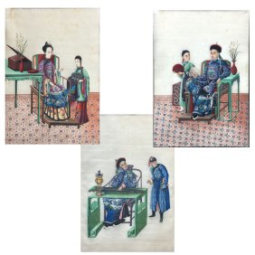 (3pc) CHINESE GOUACHE ANCESTRAL PORTRAITS