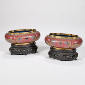 PAIR RED DRAGON CLOISONNE LOBED VESSELS