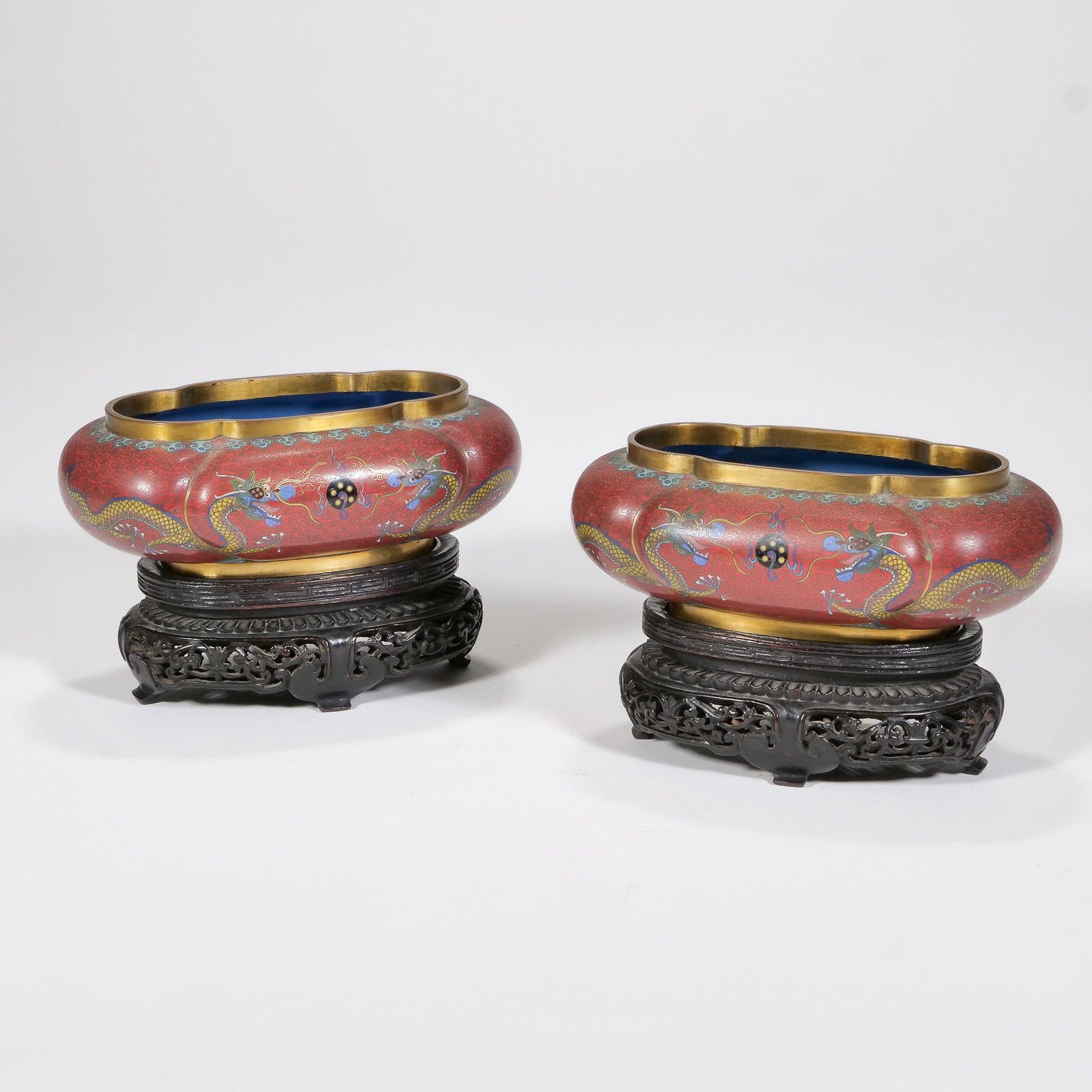 PAIR RED DRAGON CLOISONNE LOBED VESSELS (1 of 17)