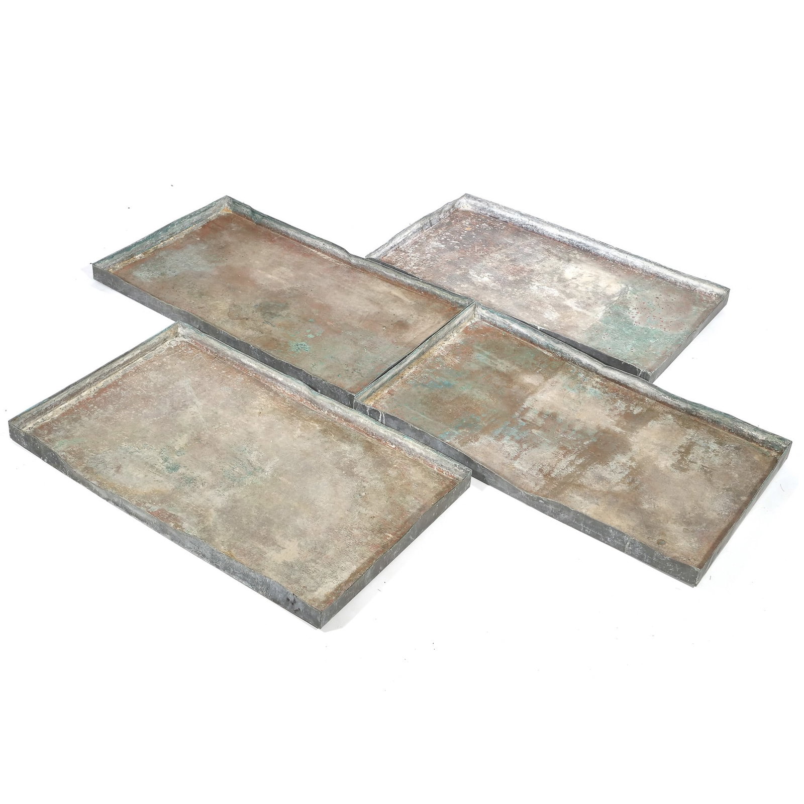 (4pc) VINTAGE LEAD GARDEN PLANTING TRAYS: early 20th century, greenhouse garden trays h. 2.5 x l. 45.5 x w. 27 in. (each tray) Provenance: From an expansive Greenwich, CT estate Inventory Code: 6A-253