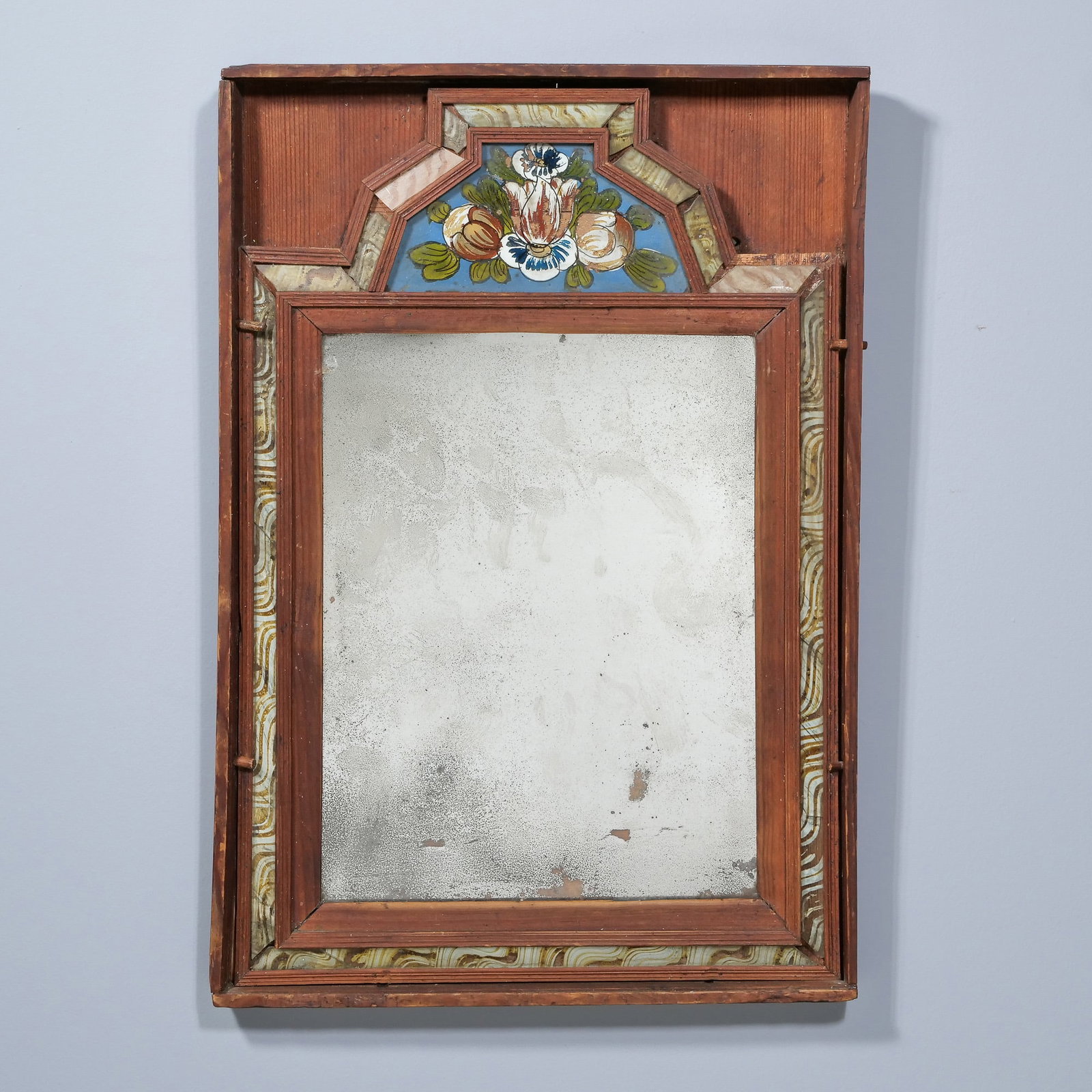 19TH CENTURY COURTING MIRROR: Having an eglomose painted panelVerso with paperwork and note reading " this looking glass belonged to Elizabeth Locke, mother of Samuel Locke and grandmother of Sarah Locke Ridgeway the Elizabeth was