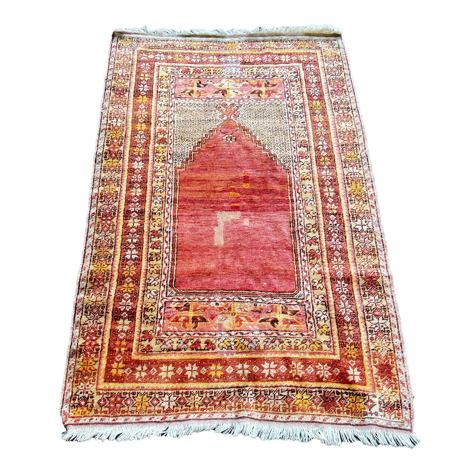 PRAYER RUG: central red field; abrash - l. 64 x w. 42 in. Provenance: From a Bronxville, NY Lady Inventory Code: 5E-303