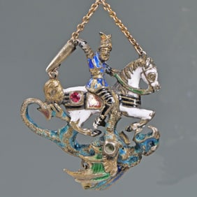 ENAMEL DECORATED ARTICULATING KNIGHT & DRAGON PENDANT
