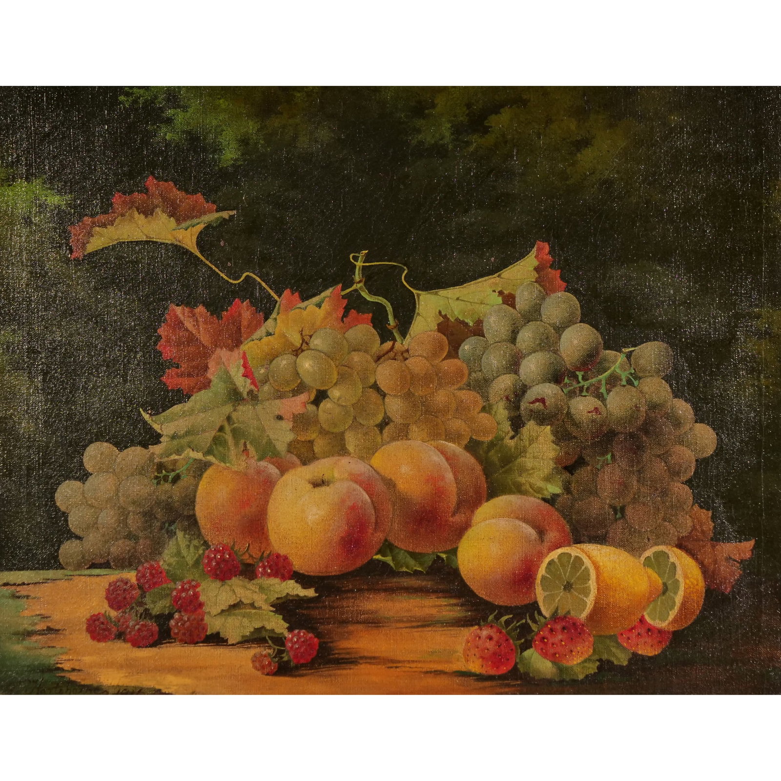 W. HARTSHORNE (EARLY 20TH CENTURY): Still life with grapes and berries Oil on canvas Signed lower left, "W. (?) Hartshorne" and dated 1916 18.5 x 14 in. - w. 23 x h. 19.25 in. (frame) Provenance: From the estate of a Brewster, NY Lady