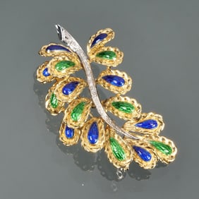 LOUIS J. MEYER ENAMELED DIAMOND & 18K GOLD BROOCH