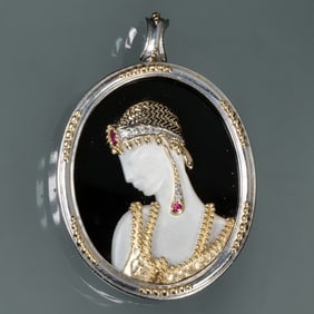 ERTE RUBY, DIAMOND, GOLD & STERLING PIN