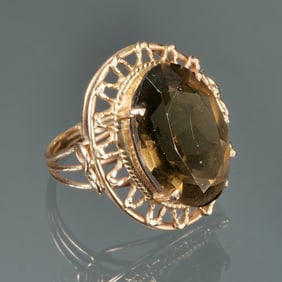 SMOKEY QUARTZ & GOLD ROPEWORK RING