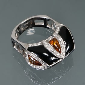 ENAMEL & AMBER 18K GOLD RING