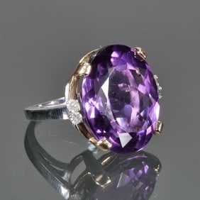 OVAL CUT AMETHYST, DIAMOND & 14K GOLD RING
