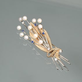 PEARL, SAPPHIRE, DIAMOND, & 14K GOLD BROOCH
