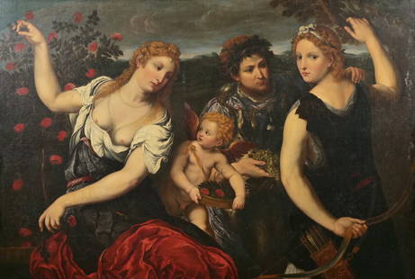 PARIS BORDONE (ITALIAN/FRENCH, 1500-1571): L'Automne (Venus, Cupid, Bacchus and Diana) Oil on canvas h. 42.5 x w. 63 in. (stretcher) h. 57.5 x w. 78 in. (frame) Provenance: Councillor Paul Delaroff, Petersberg Listed in Sedelmeyer Gallery, Par