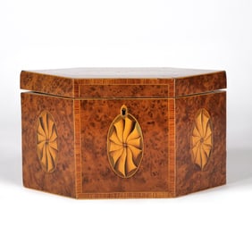 REGENCY MARQUETRY HEXAGONAL ENGLISH TEA CADDY