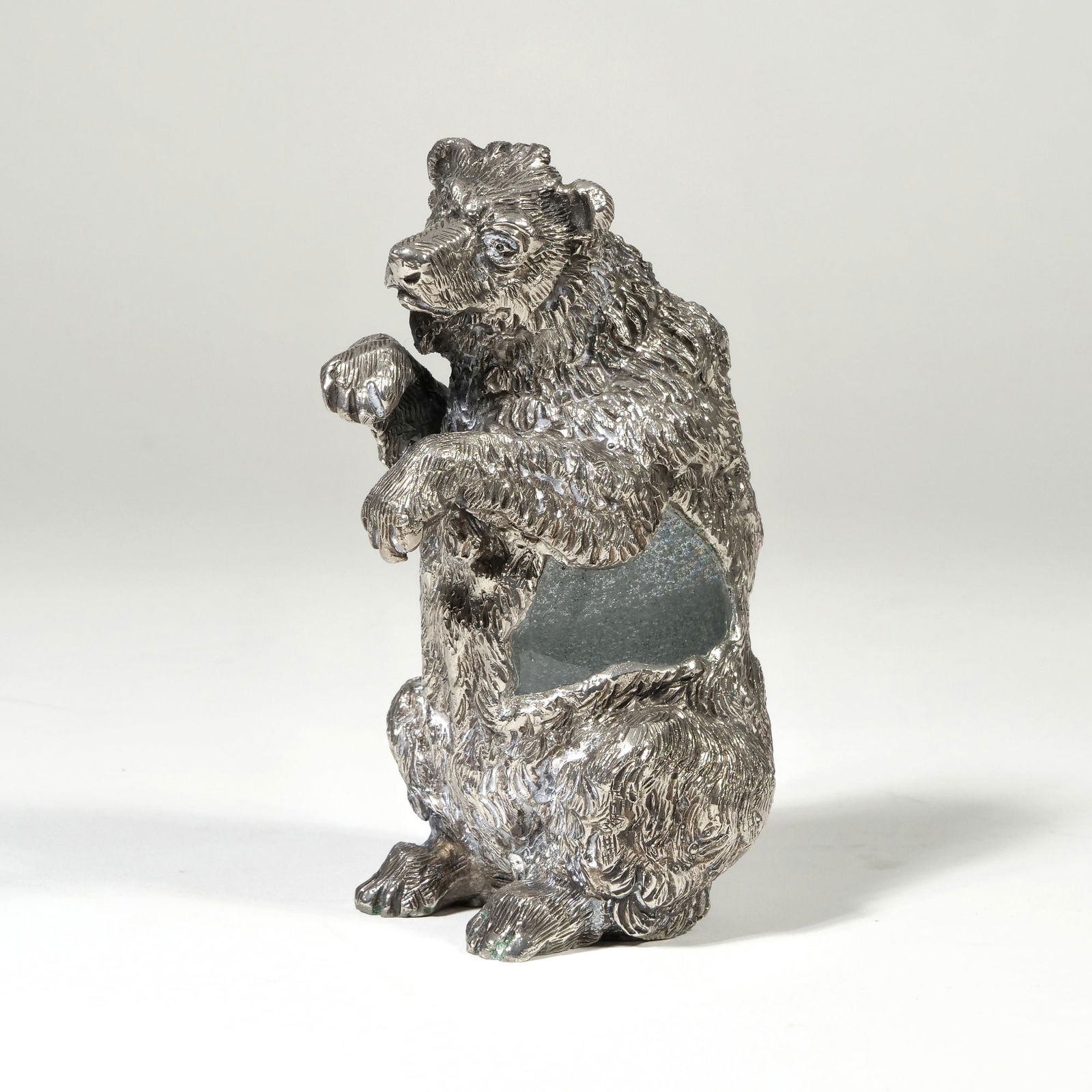 GABRIELLA CRESPI (ITALIAN, 1922-2017): Orso [bear] Silvered bronze and glass Signed on the bottom - l. 4.5 x w. 3 x h. 5.5 in. Provenance: From the lifetime collection of a Greenwich, CT gentleman; descended through the family to current o