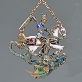 ENAMEL DECORATED ARTICULATING KNIGHT & DRAGON PENDANT