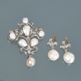 (3pc) ANTIQUE NATURAL PEARL & DIAMOND DEMI PARURE