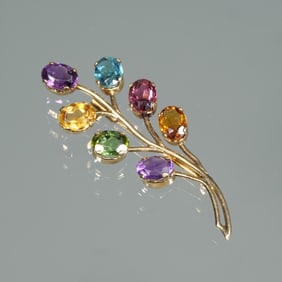 MULTICOLOR GEMSTONE & 18K GOLD LEAF PIN