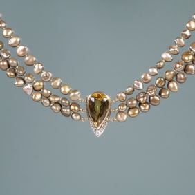 CITRINE, DIAMOND, & BAROQUE PEARL NECKLACE