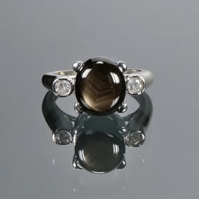 BLACK QUARTZ CABOCHON, DIAMOND & 14K GOLD RING