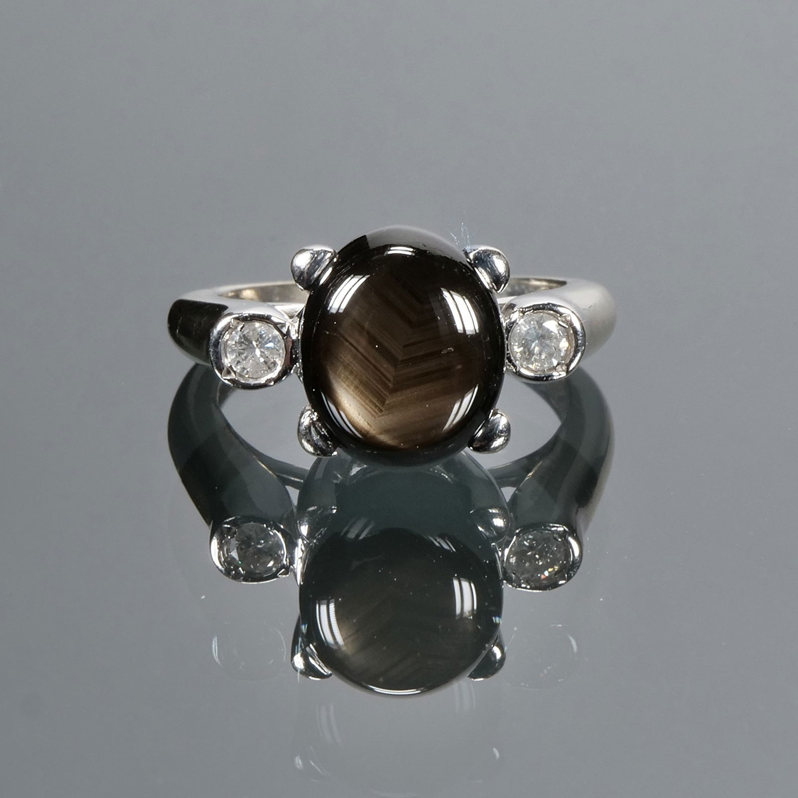 BLACK QUARTZ CABOCHON, DIAMOND & 14K GOLD RING (1 of 6)